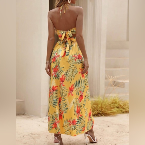 SHEIN VCAY Tropical Print Backless Knot Halter Neck Slit Thigh Large Dress NWT - Picture 2 of 4
